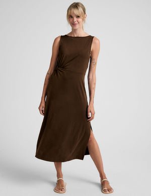 brown midi dress with a bateau neck and side twist.