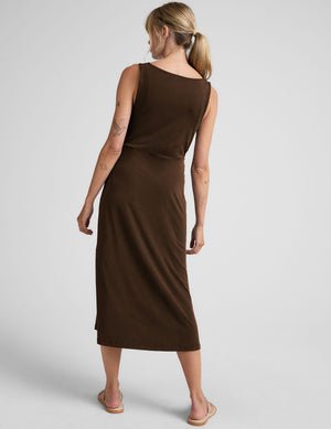 brown midi dress with a bateau neck and side twist.