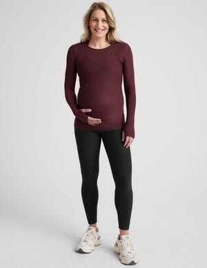 red maternity long sleeve crew neck top.
