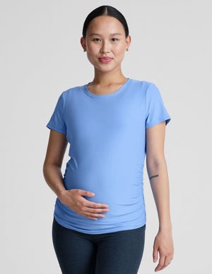 blue short sleeve maternity top.