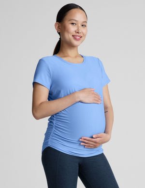 blue short sleeve maternity top.