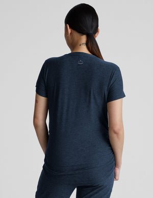 blue crew neck short sleeve maternity top.