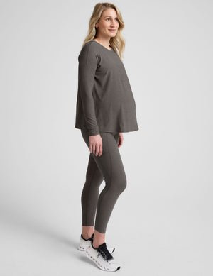 grey crew-neck long sleeve maternity top.