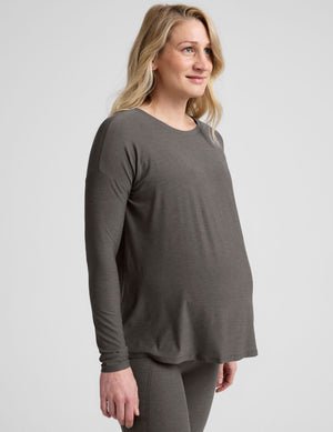 grey crew-neck long sleeve maternity top.