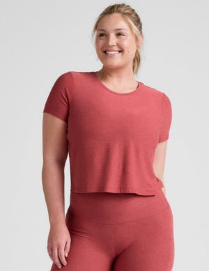 red relaxed fit scoop neck cropped t-shirt.