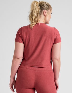 red relaxed fit scoop neck cropped t-shirt.