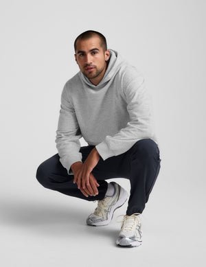 grey men's fleece hoodie with a kangaroo pocket.