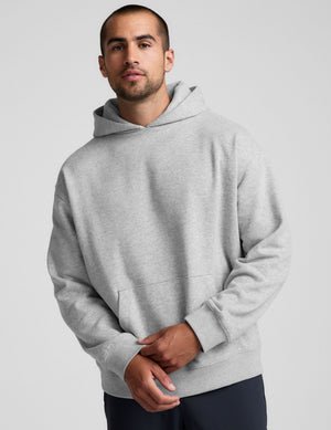 grey men's fleece hoodie with a kangaroo pocket.