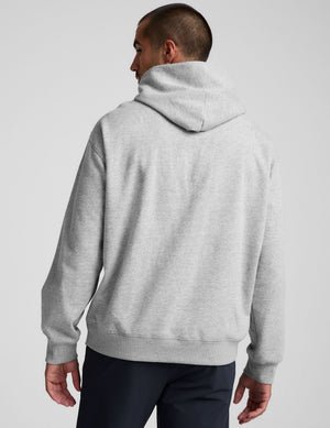 grey men's fleece hoodie with a kangaroo pocket.