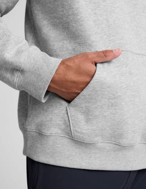 grey men's fleece hoodie with a kangaroo pocket.