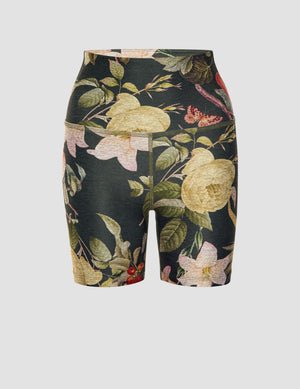 green garden printed high-waisted biker shorts.
