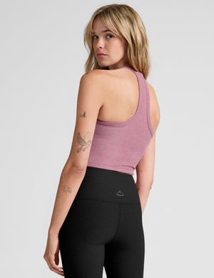 pink v-neck cropped tank top with a high racerback.