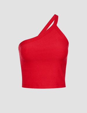 red one-shoulder strap cropped tank top.