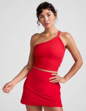 red one-shoulder strap cropped tank top.