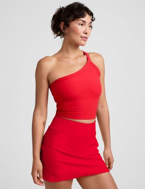 red one-shoulder strap cropped tank top.