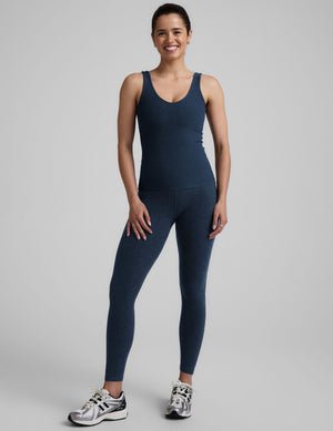 blue full length tank top with a soft front and back v-neckline.