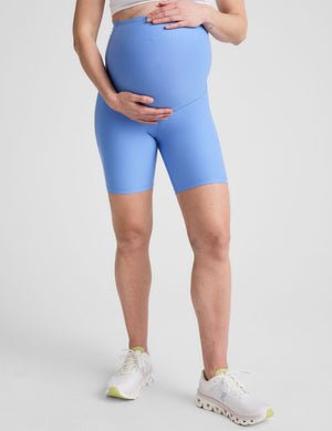 blue maternity biker shorts.