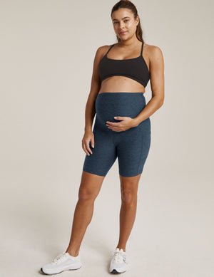 blue maternity biker short with pocket at sides