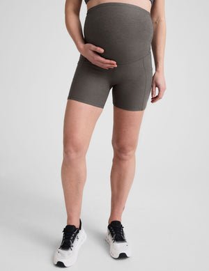 grey maternity biker shorts with side pockets.