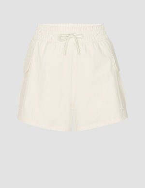 white mid-rise shorts with two side patch cargo pockets and a drawcord at waistband.